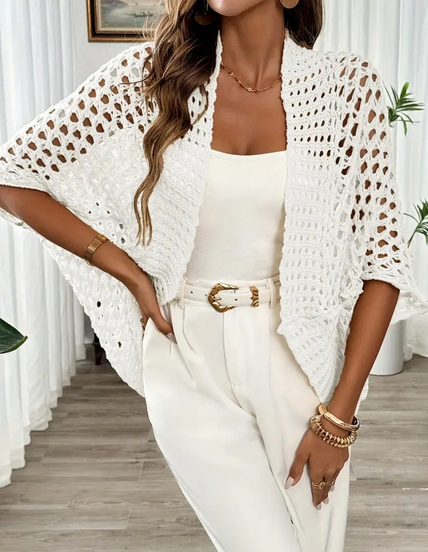 Women's white crochet cardigan with openwork knit and loose short sleeves