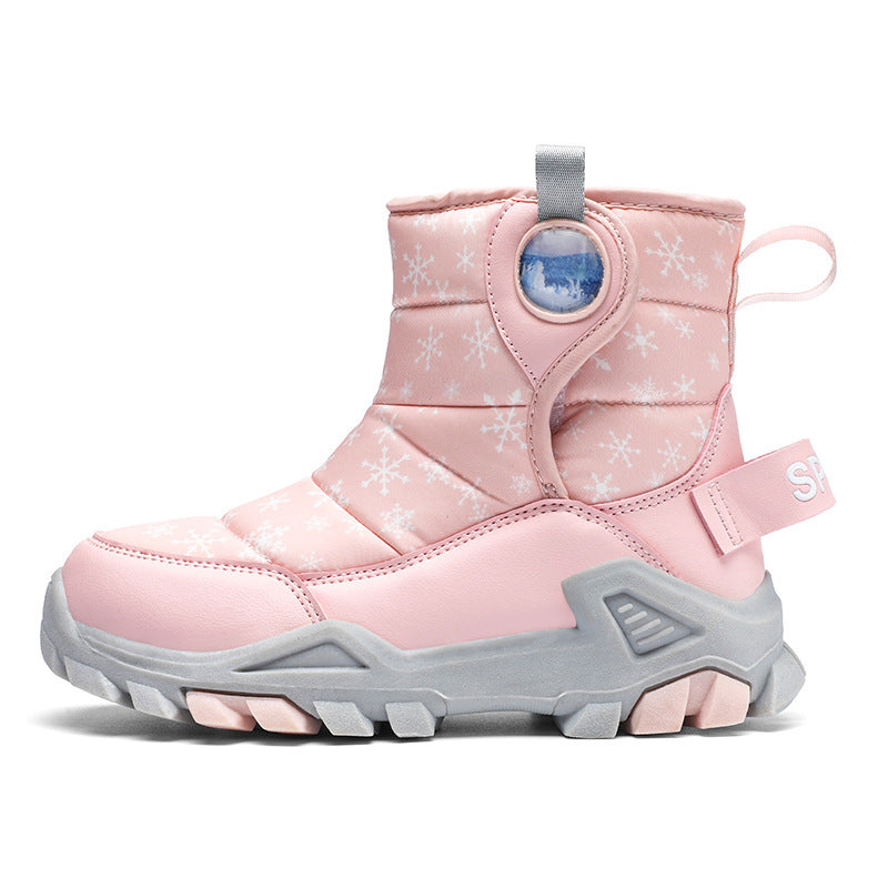 Girls winter snow boots, pale pink, round blue logo patch, gray grippy sole