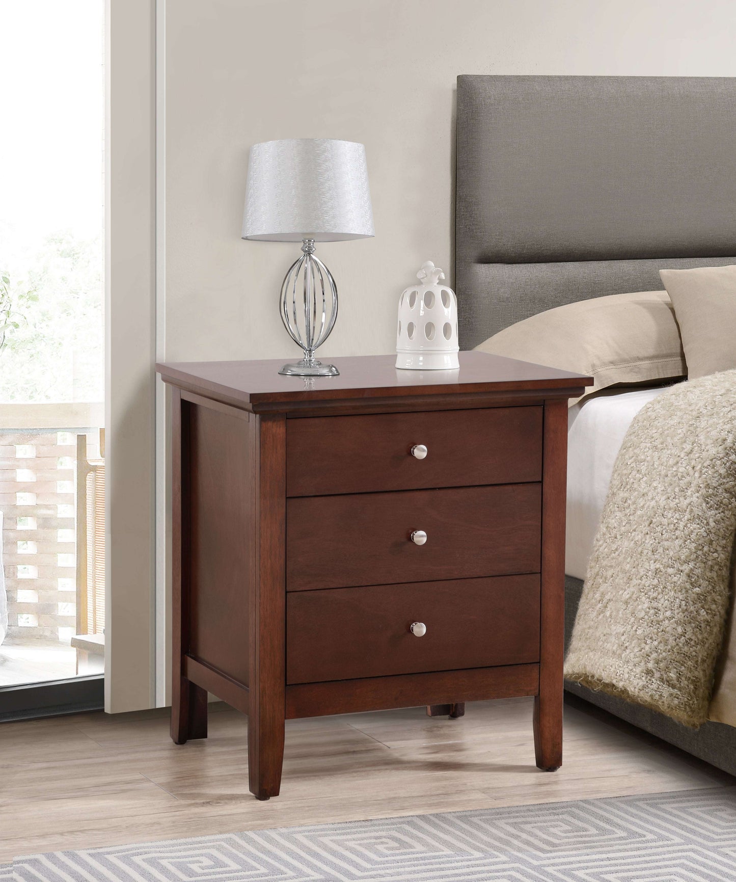 Cappuccino 3-drawer nightstand with three round knobs and tapered legs