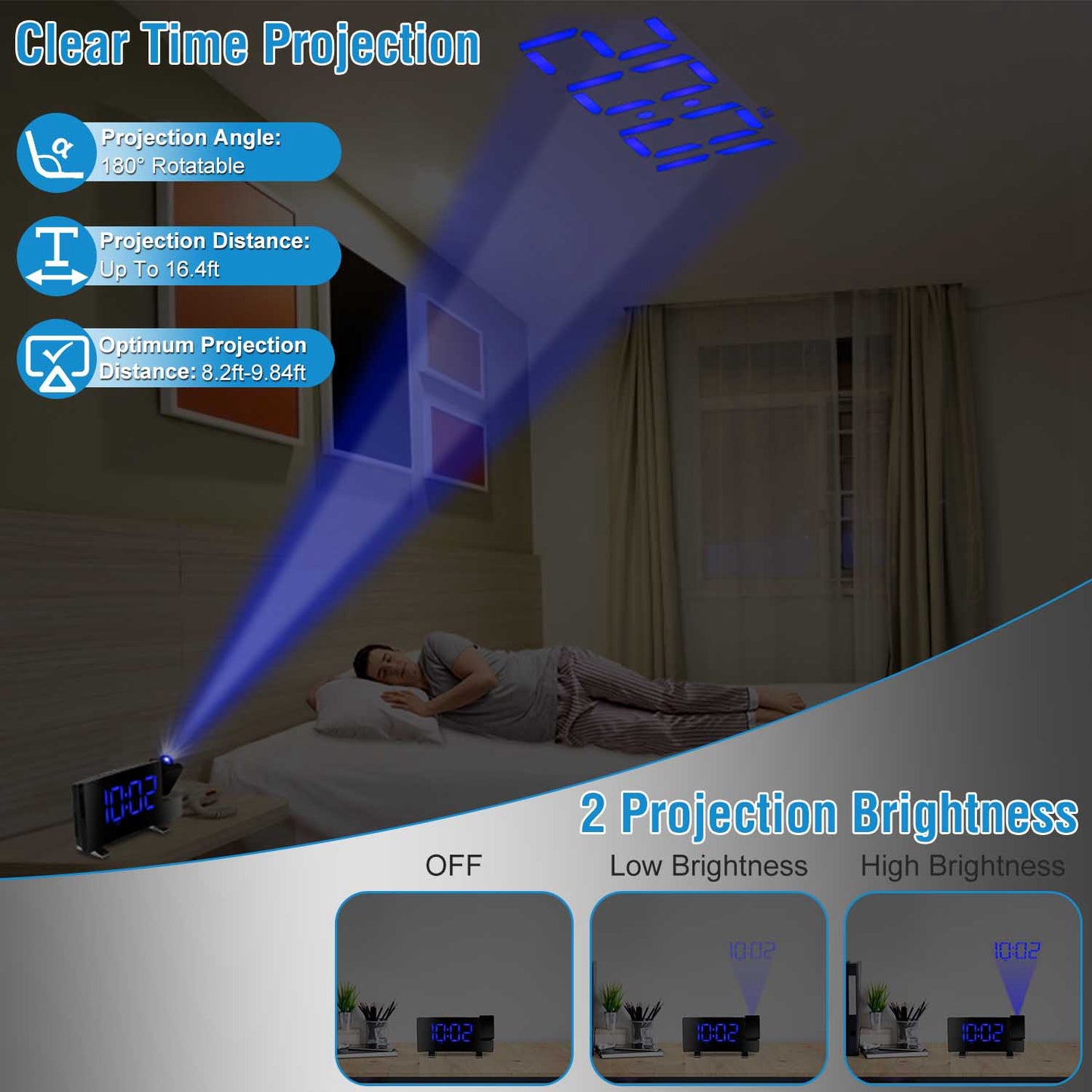 Projection Alarm Clock with Radio | 180° Rotatable LED Digital Clock