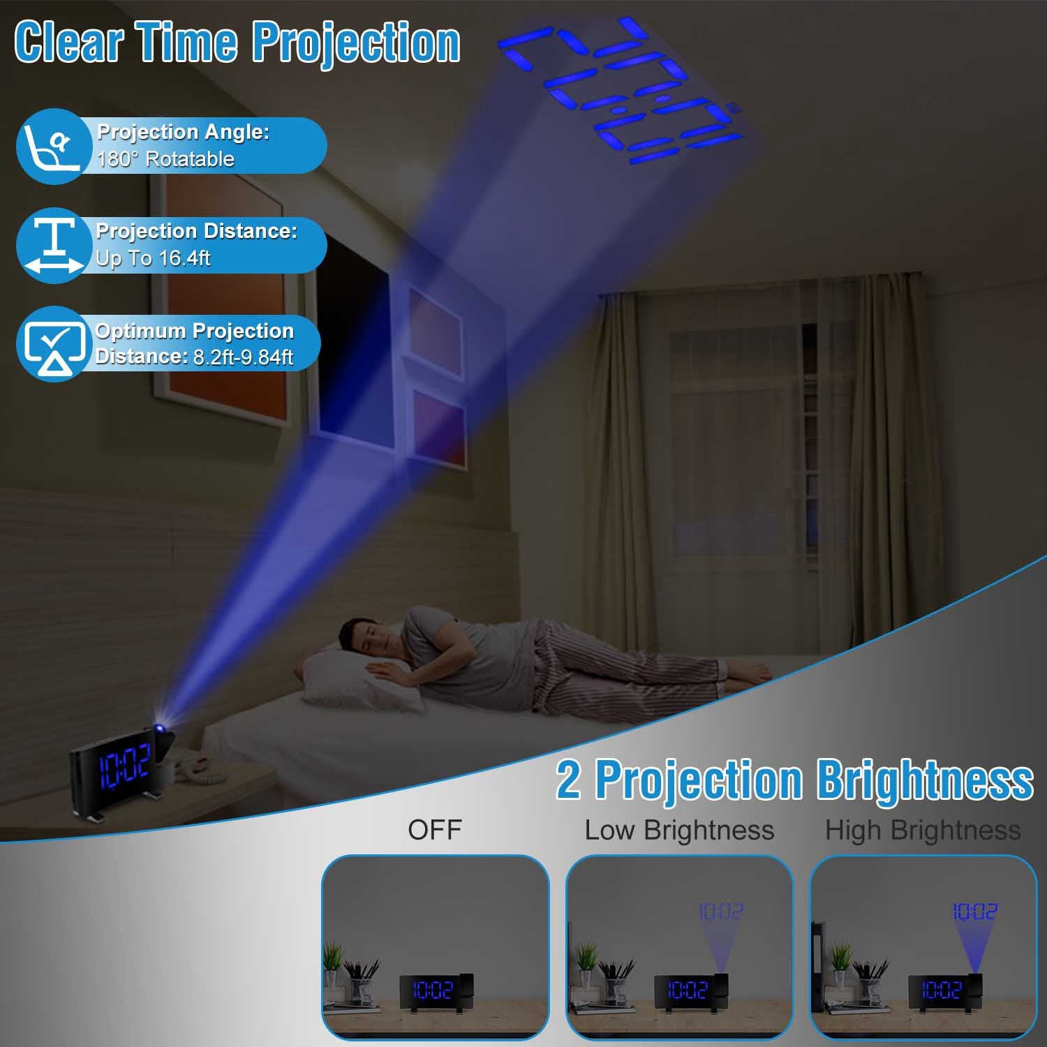 Projection Alarm Clock with Radio | 180° Rotatable LED Digital Clock