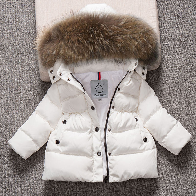 White baby puffer jacket with brown faux-fur hood and padded hood lining