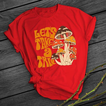 90's Funny Mushroom Print T-shirt Casual Round Neck Short Sleeves Printed Pullover Women T-shirt in red with whimsical graphics.