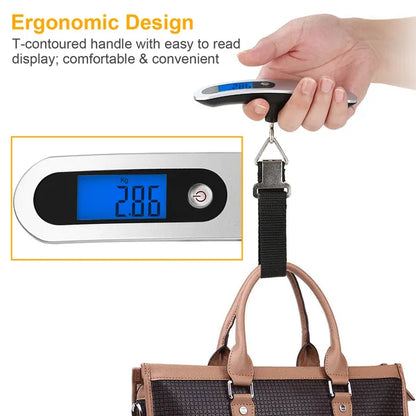Portable digital luggage scale showing blue LCD reading and hanging hook