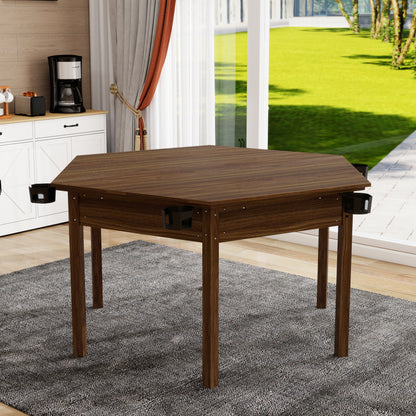 Hexagonal rustic brown wooden game table with fold-out top and corner cup holder