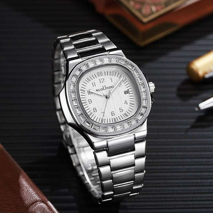 Stainless steel men's luminous watch with white dial and metal bracelet, round case