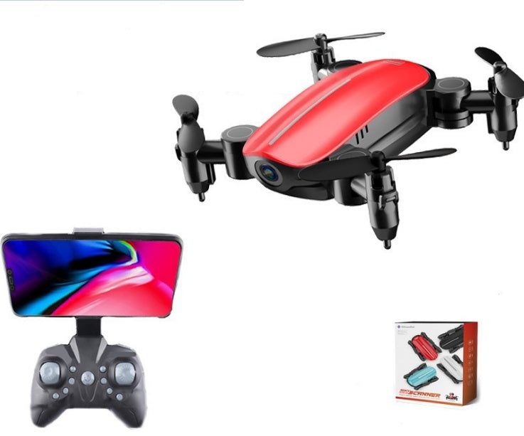 Red mini foldable quadcopter drone with camera, plus black remote controller