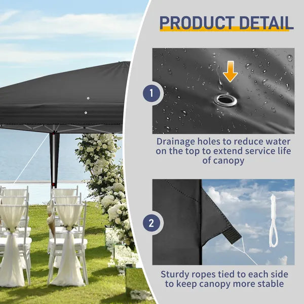 Black canopy top detail showing drainage holes and rope tie points