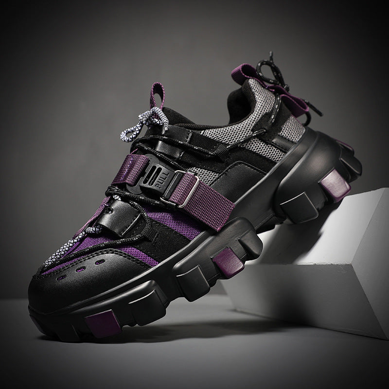 Men’s casual chunky sneakers, black with purple highlights and gray mesh panels