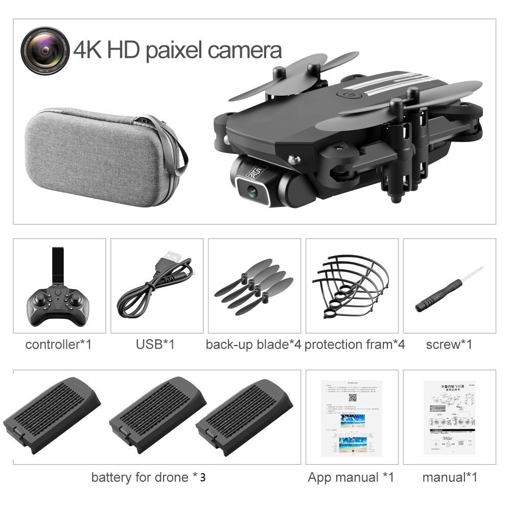 Drone kit box showing a quadcopter, gray carry case, and controller accessories