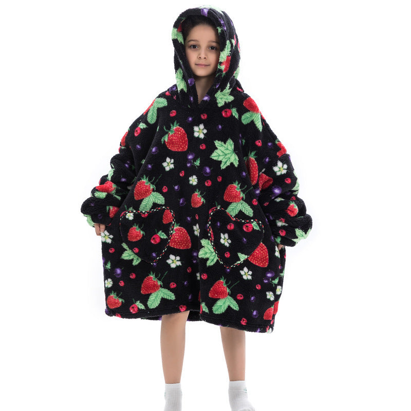 Kids' oversized thermal sweatshirt with black base, strawberry and flower print, hooded