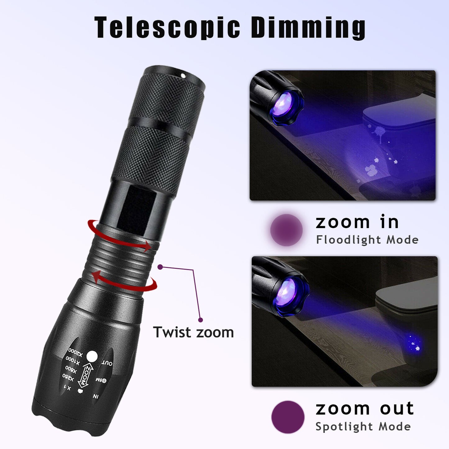 2-Pack UV Flashlight & LED Torch - 395nm Zoomable Blacklight