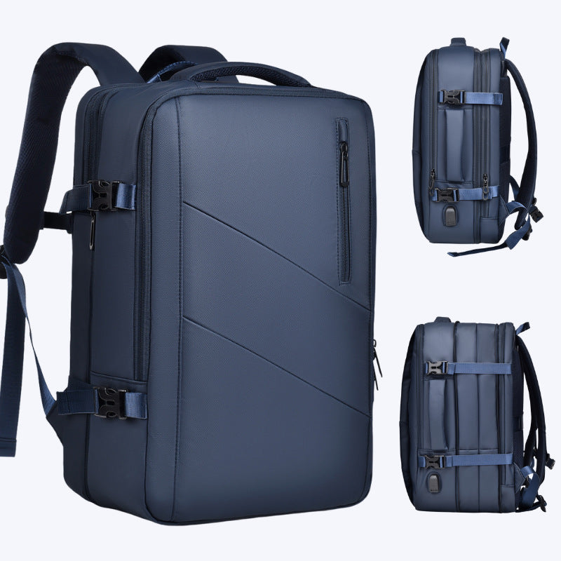 Dark blue business laptop backpack, front zip panel and adjustable shoulder straps