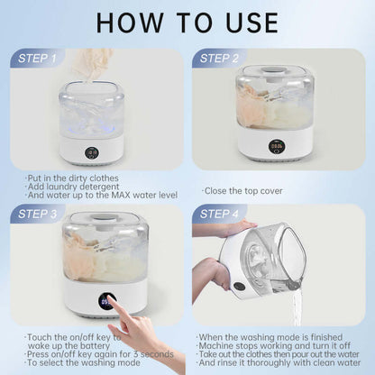 Mini cordless portable washer showing loading steps and lid cover on top