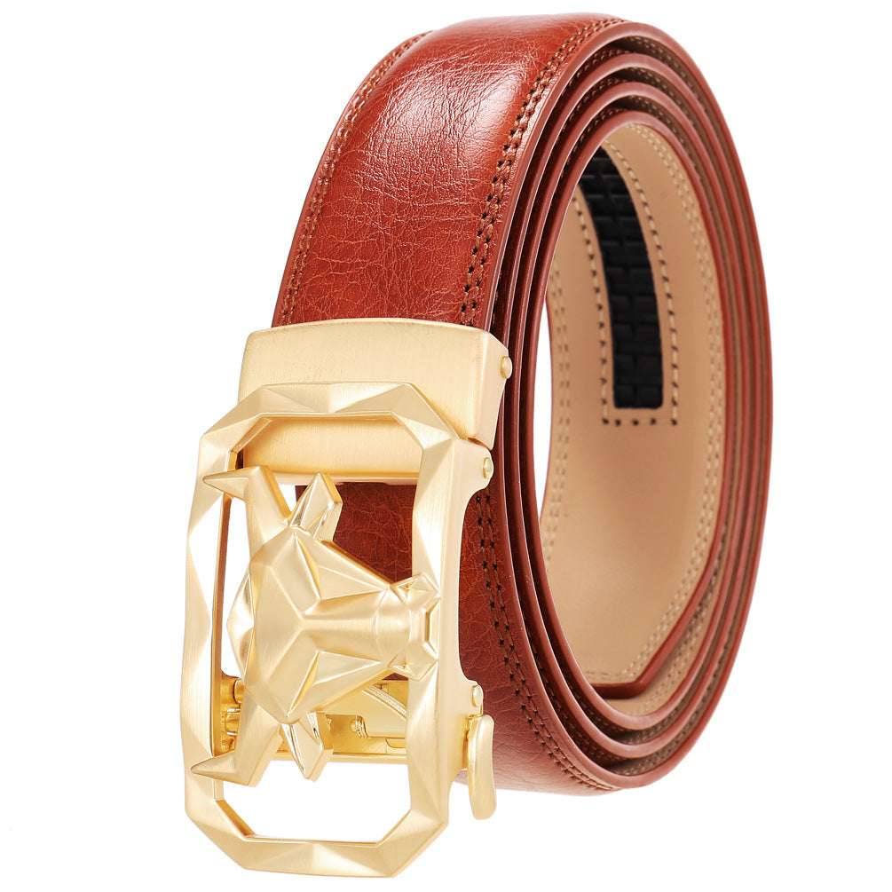 Fashion Men's Leather Belt Alloy Automatic Buckle in brown with a golden automatic buckle.