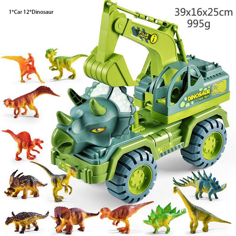 Green and blue dinosaur toy truck with front scoop and dinosaur figures