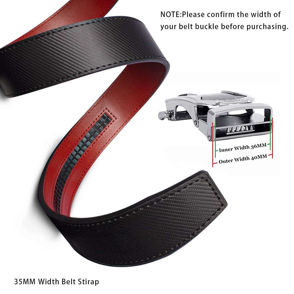 Black and red belt strap with a silver buckle on a white background