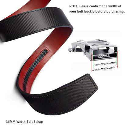 Black and red belt strap with a silver buckle on a white background