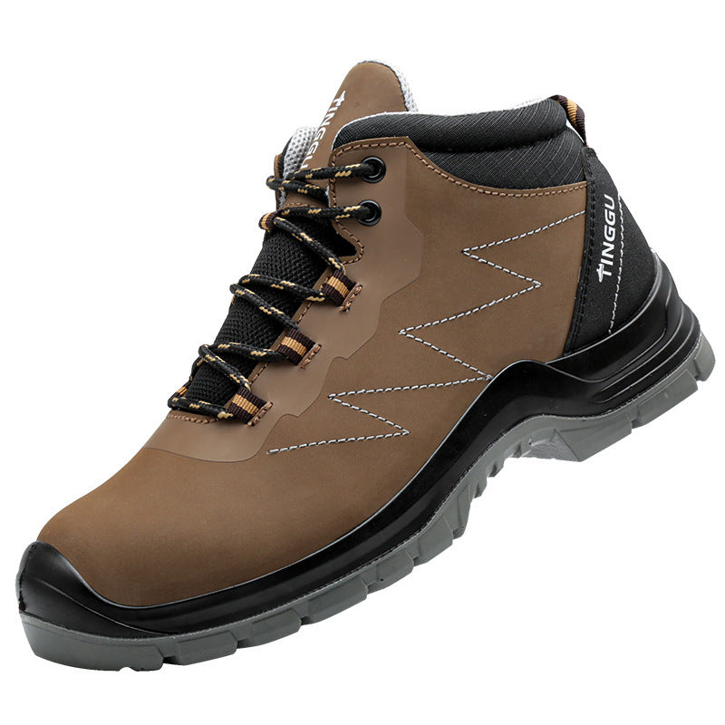 Brown steel-toe safety boot with black sole and lace-up front.