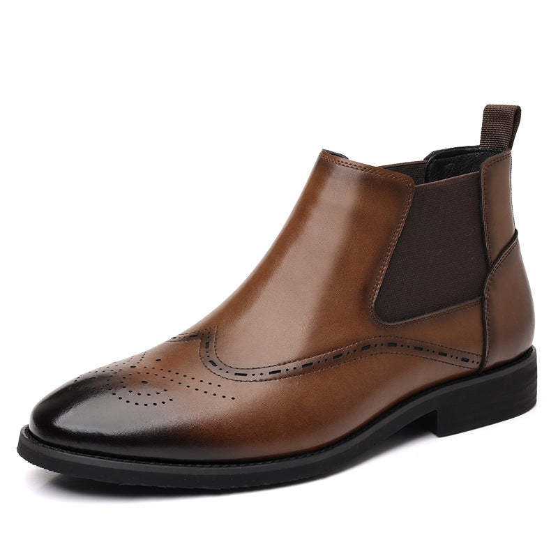 Brown leather-look Chelsea ankle boots with elastic side panels and brogue stitching