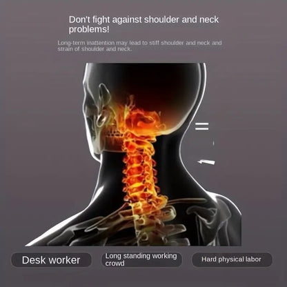 Ergonomic neck support graphic with heated spine illustration and warning icons