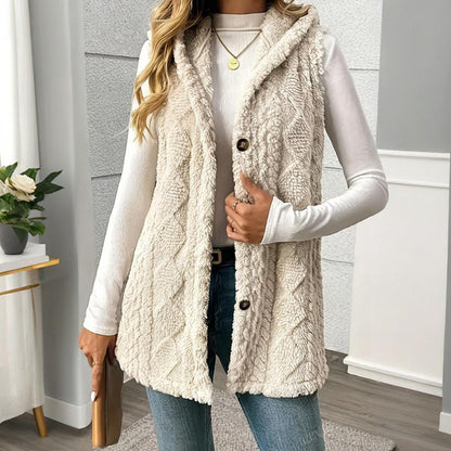 Women's Textured Hooded Vest | Button-Front Fall Layering Piece Women's Textured Sleeveless Hooded Vest, | Ectron Online