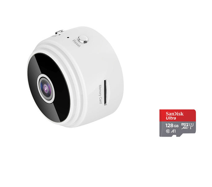 White wireless security camera with front lens and SanDisk Ultra 128GB memory card