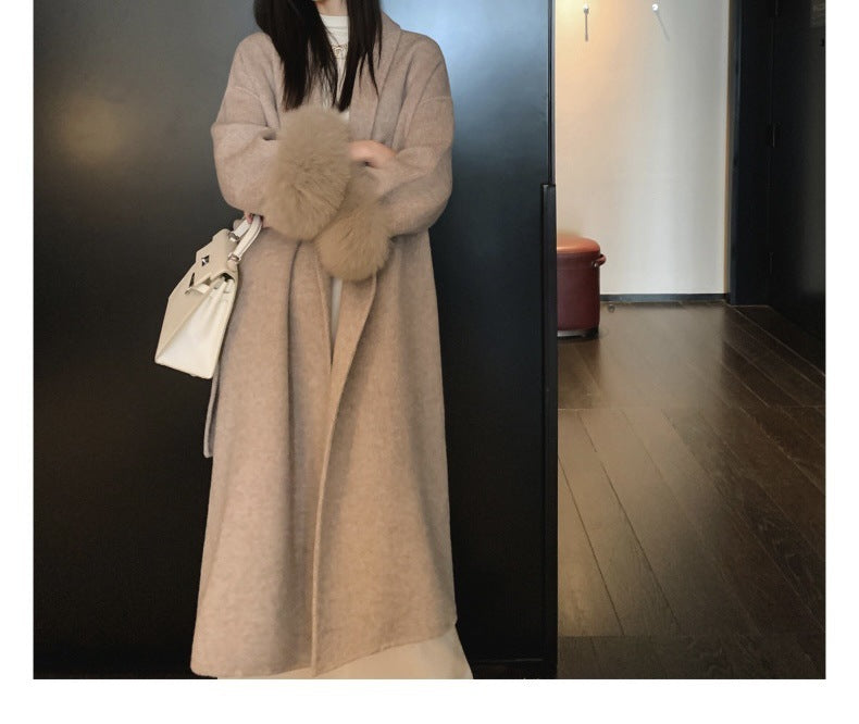 Elegant Double-Sided Cashmere Coat - Detachable Fox Fur Cuff Cuff Detachable Fox Fur Elegant Double-s | Ectron Online