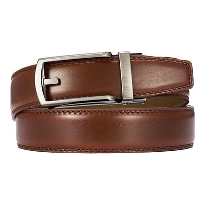 Brown boys leather belt with snap closure and silver metal buckle, close-up.