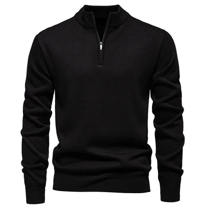 Men's knit half-zip sweater, black with zip-neck placket and ribbed hem