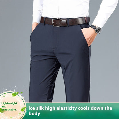Navy men's casual pants with belt, front crease and side pockets