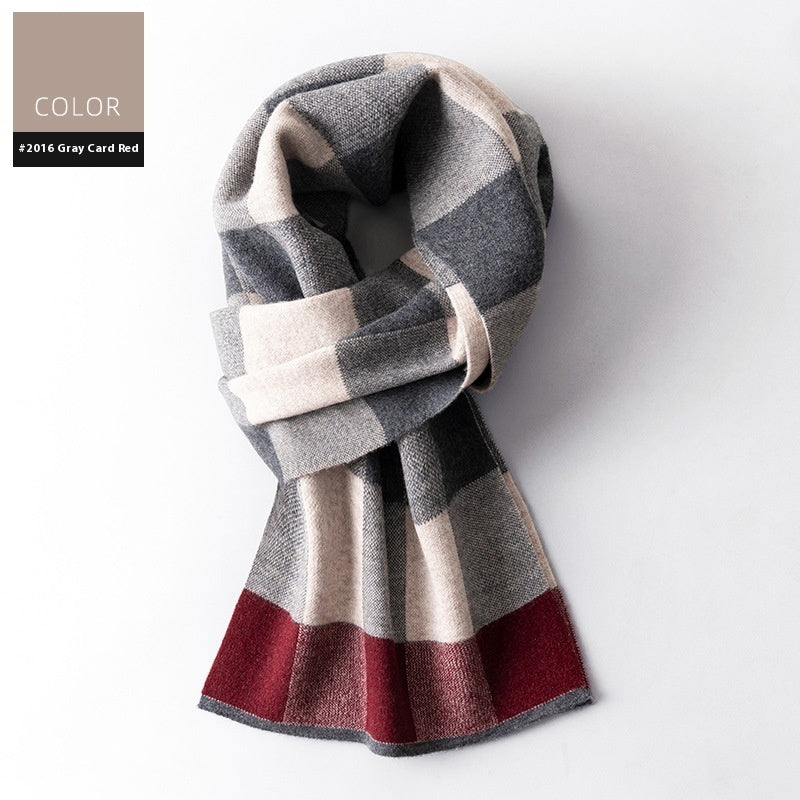 Plaid scarf with gray, beige, and red colors on a white background