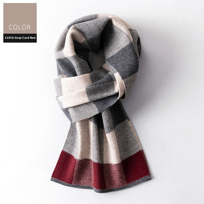 Plaid scarf with gray, beige, and red colors on a white background