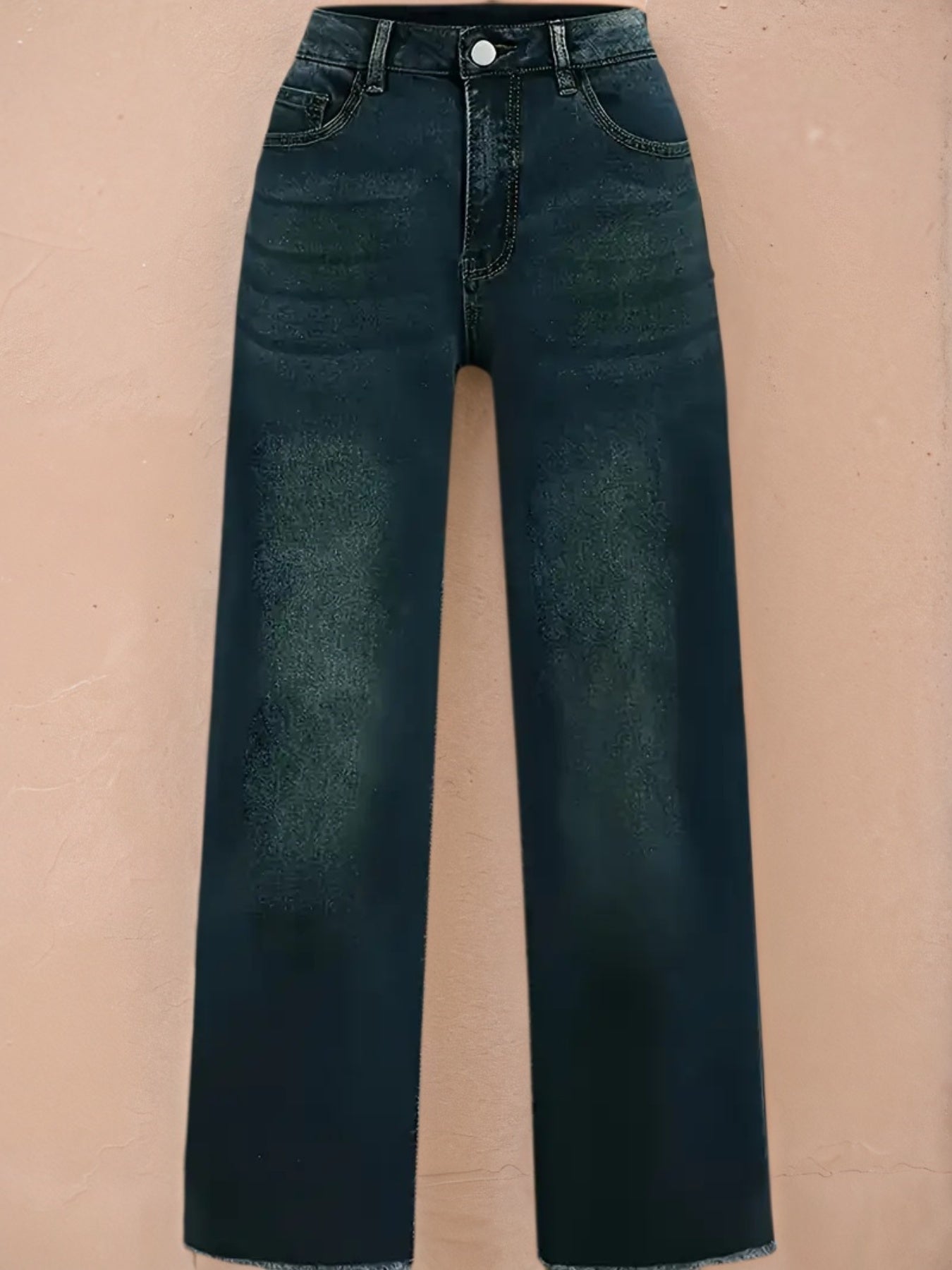 Wide-leg denim pants, dark teal-blue wash, button and zip fly, five-pocket cut.