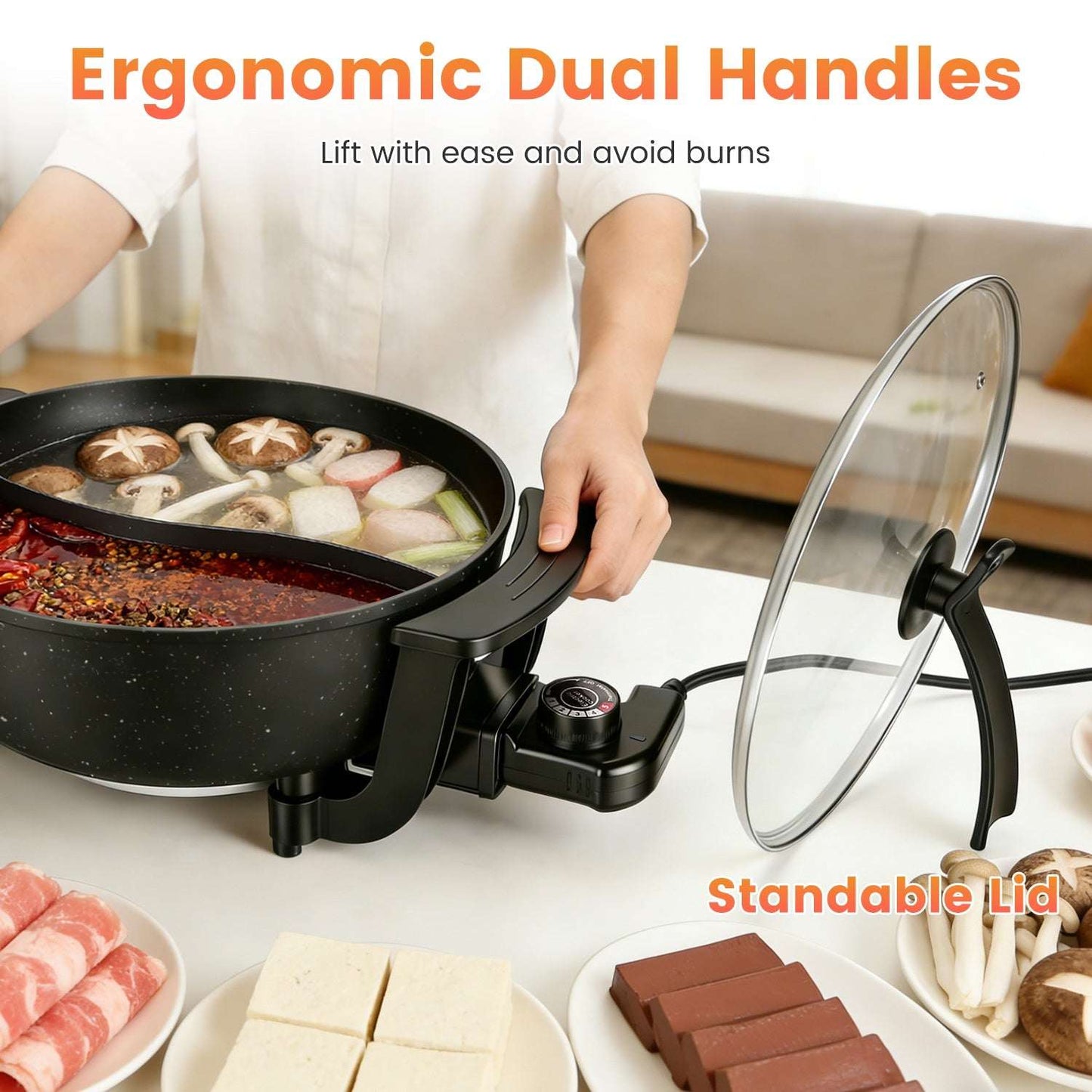 Black electric hot pot with dual handles and clear standable glass lid.