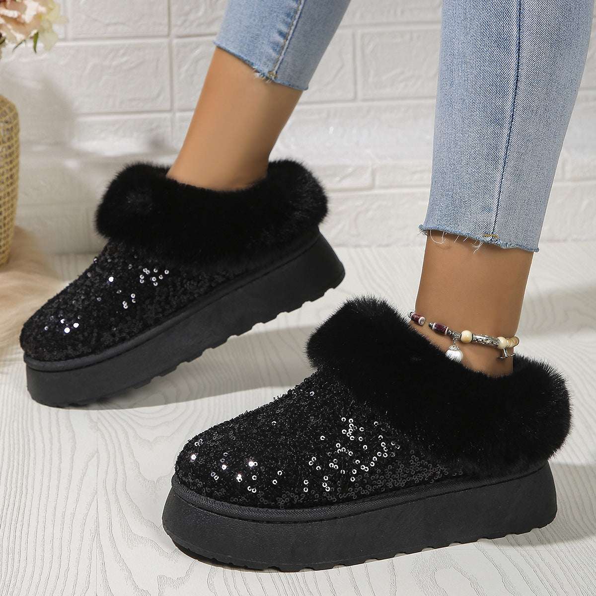 Fashion Sequined Plush Shoes – Thick Sole Warm Winter Slippers Fashion Sequined Thick-soled Plush Shoes | Ectron Online