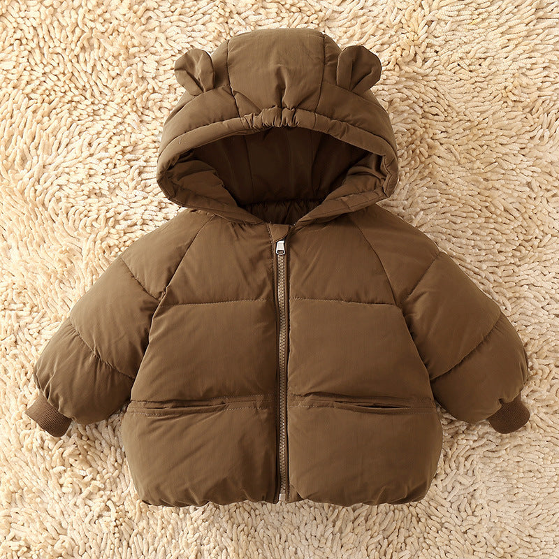 Kids' brown hooded puffer overcoat, front view with zipper and padded sleeves