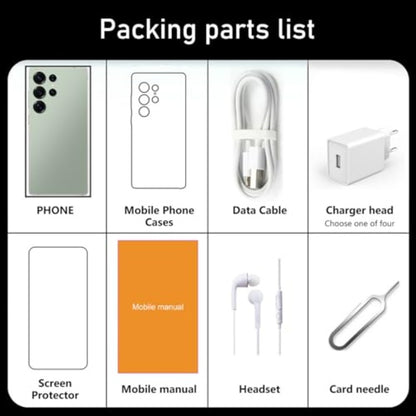 Smartphone packing set: phone, phone cases, screen protector, data cable, charger head, headset