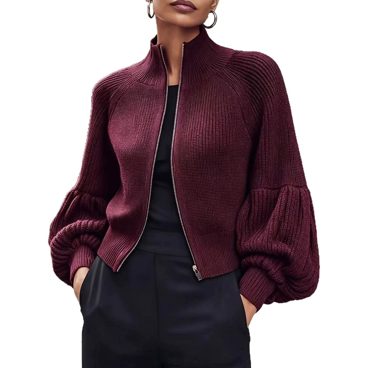 Burgundy textured knit zip-front sweater with lantern sleeves and ribbed turtleneck collar
