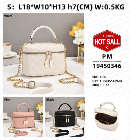 White quilted fashion tote with top handle and gold chain strap, double zip pulls