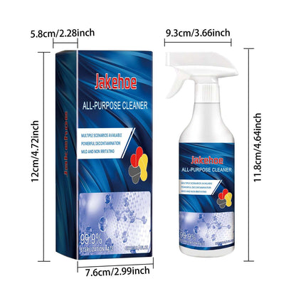 Jakehoe all-purpose cleaner packaging and spray bottle with dimensions on a white background