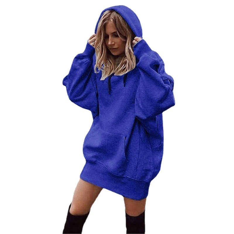 Women’s blue fleece pullover hooded sweatshirt with drawstring hood and kangaroo pocket