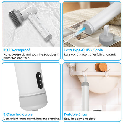 White spin scrubber with bristle head and indicator lights, plus charging cable and strap