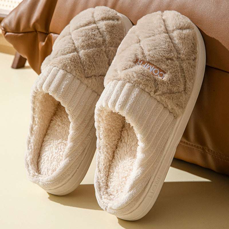 Solid Rhombic Letter Slippers – Warm, Non-Slip Plush for Couples Solid Rhombic Letter Home Slippers Winte | Ectron Online