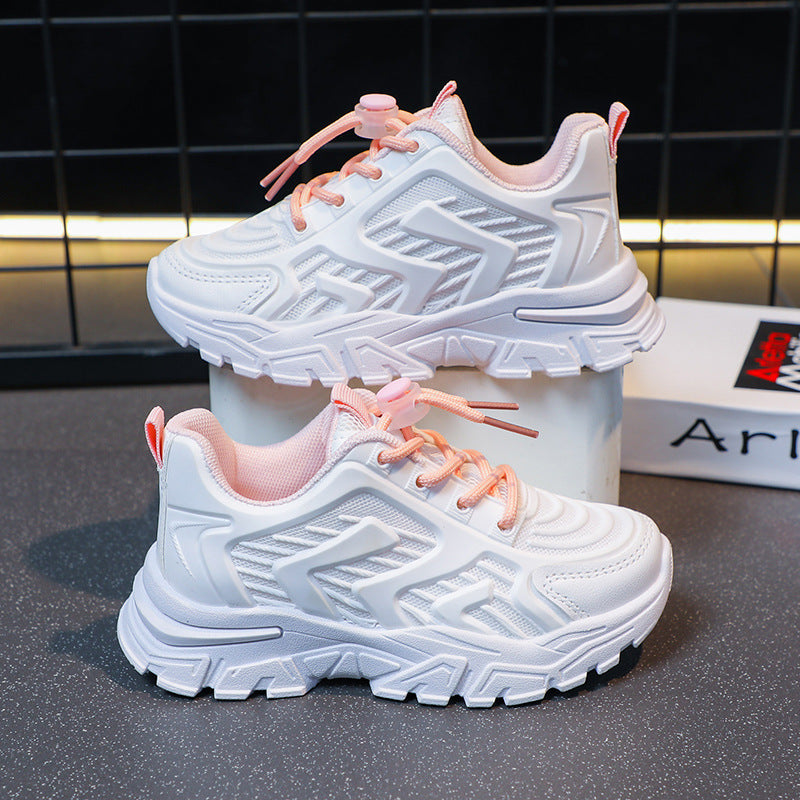 White and pink lace-up sneakers, mesh-look upper, thick tread sole