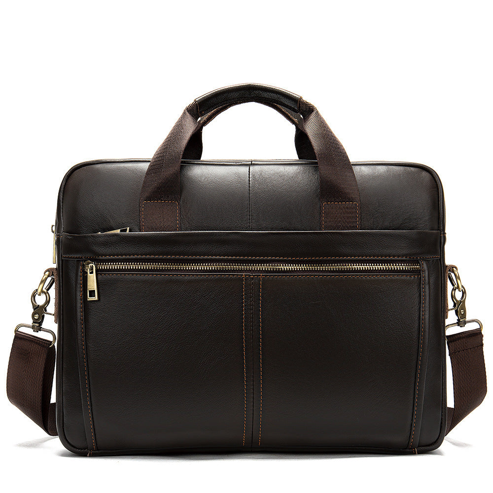Leather laptop briefcase in dark brown with side straps and front zip closure