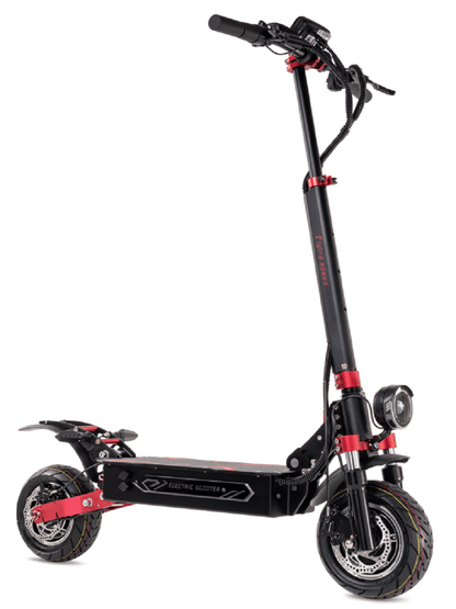 Black electric scooter with red fender stripe, front disc brake and rear wheel