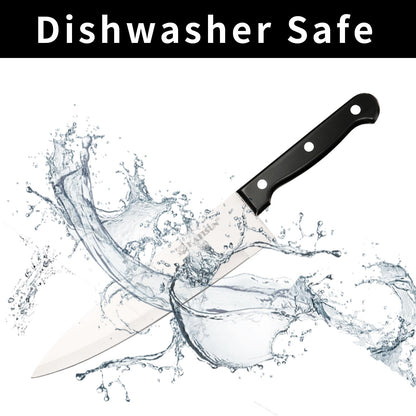 Black kitchen knife with water splash, chef-style blade and two-bolt handle