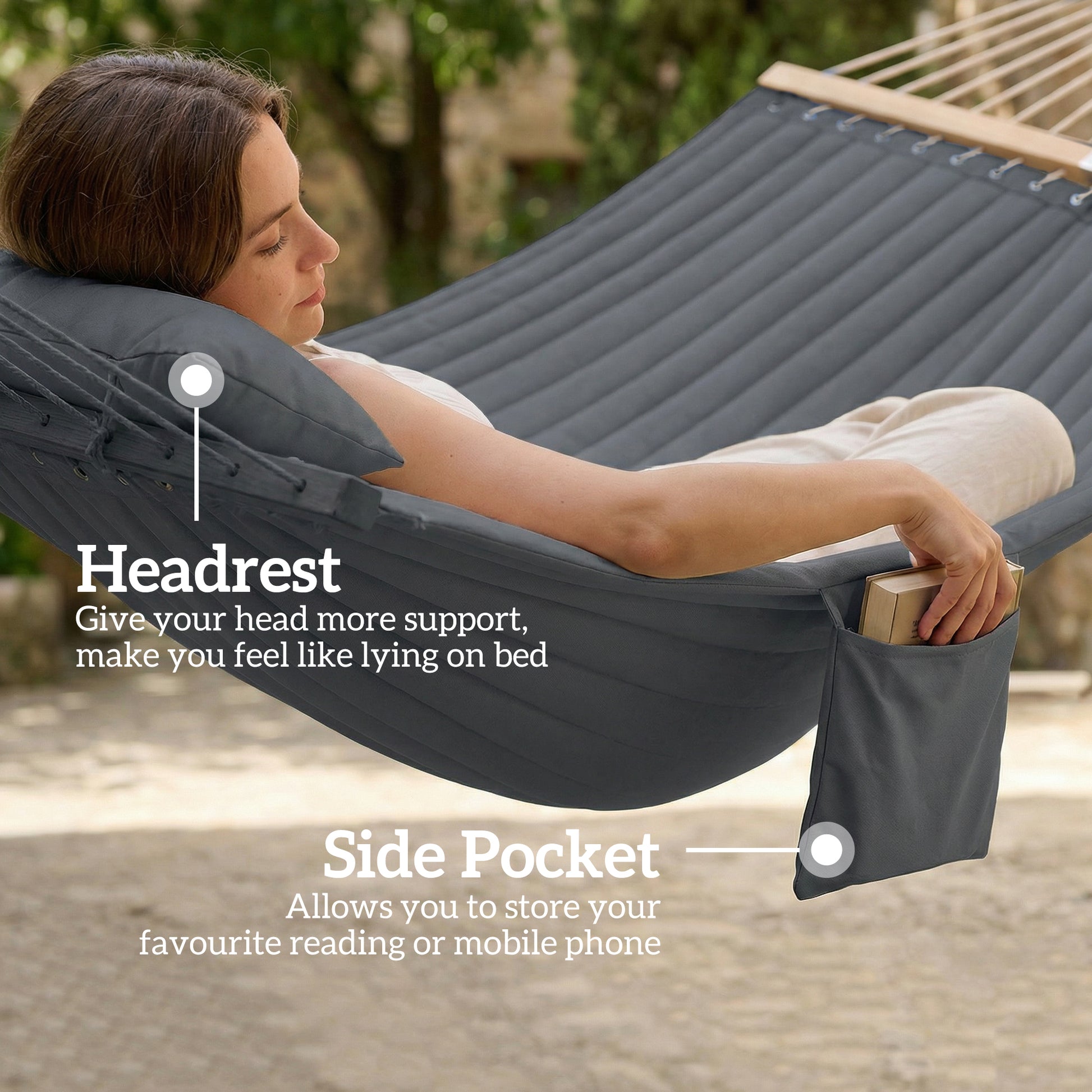 Gray hammock with headrest cushion and side pocket storage, shown with a reclining user