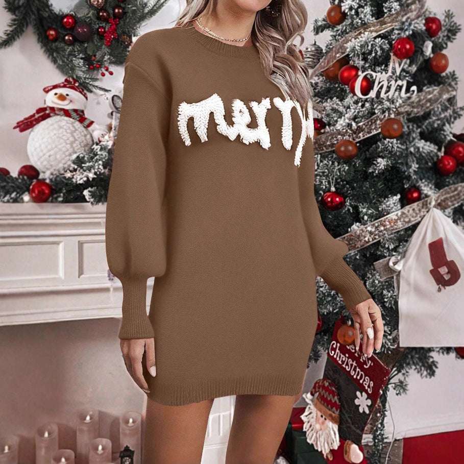 Women's Knitted Sheath Dress Women's Knitted Round Neck Lantern Sleev | Ectron Online